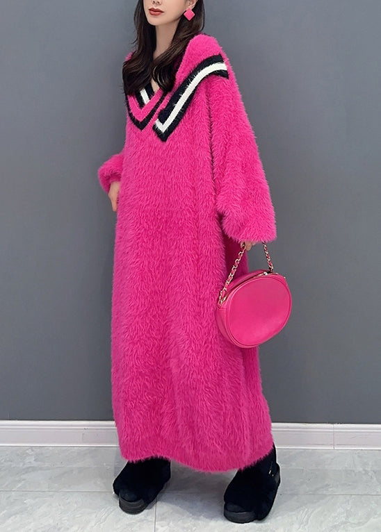 New Rose V Neck Patchwork Mink Velvet Maxi Dresses Long Sleeve