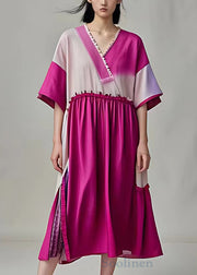 New Rose V Neck Side Open Patchwork Cotton Dresses Summer