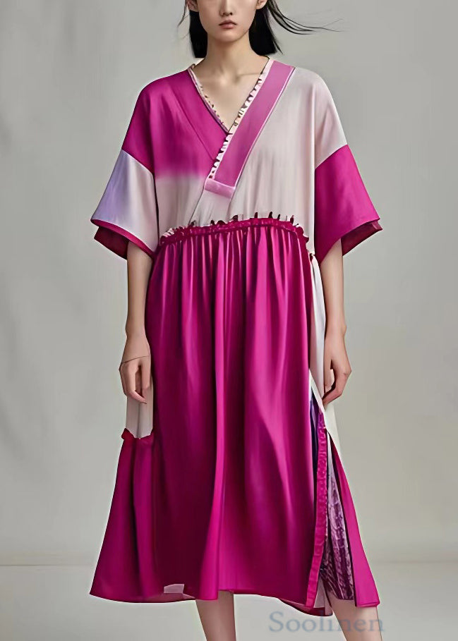 New Rose V Neck Side Open Patchwork Cotton Dresses Summer
