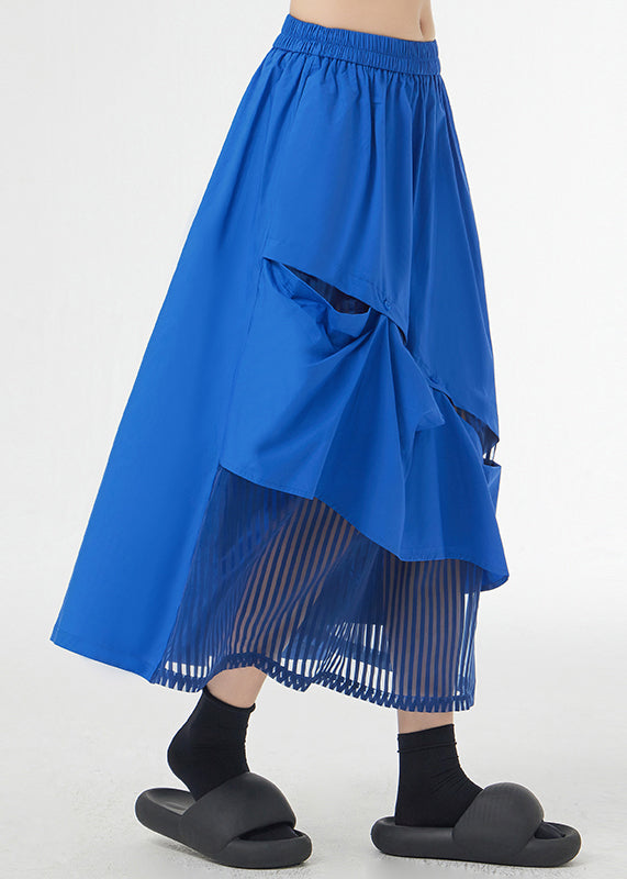 New Royal Blue Asymmetrical Pockets Patchwork Cotton Skirts Fall