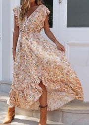 New Ruffled Lace Up Print Chiffon Dresses Summer