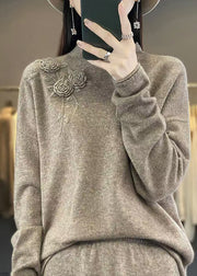 New Simple Beige Embroidered Wool Knit Pullover Spring