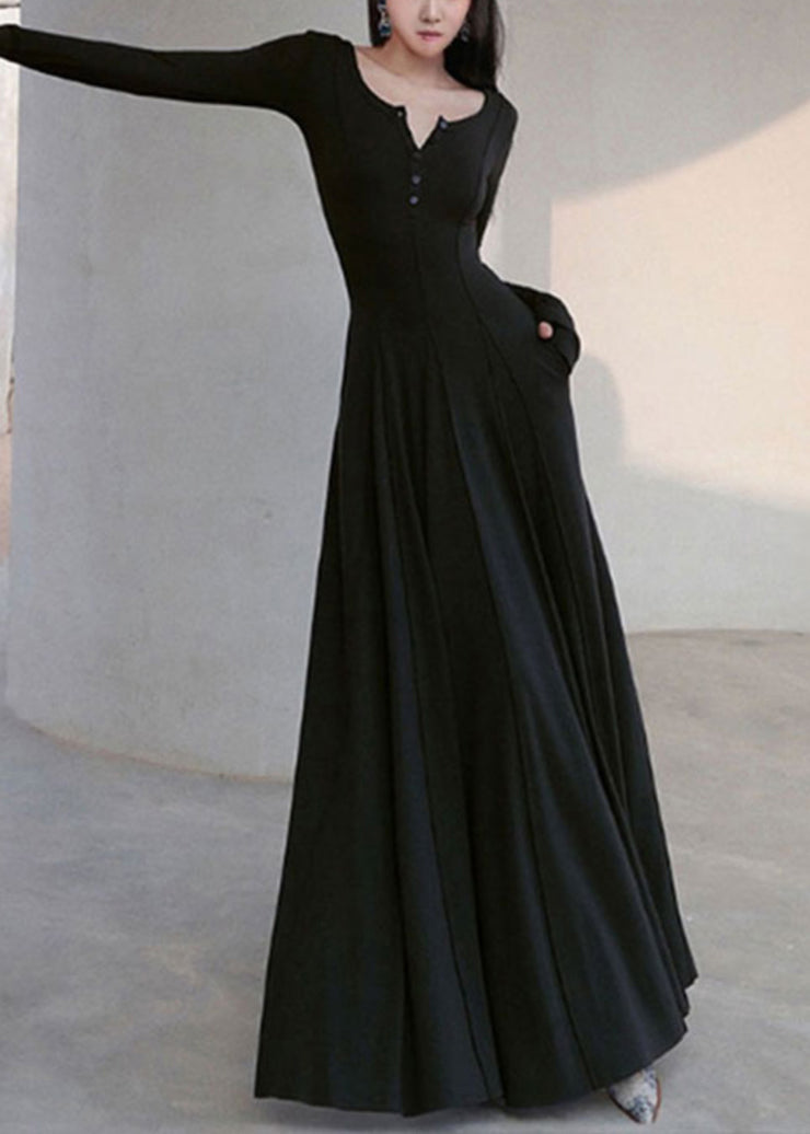 New Simple Black V Neck Slim Fit Cotton Long Dress Spring