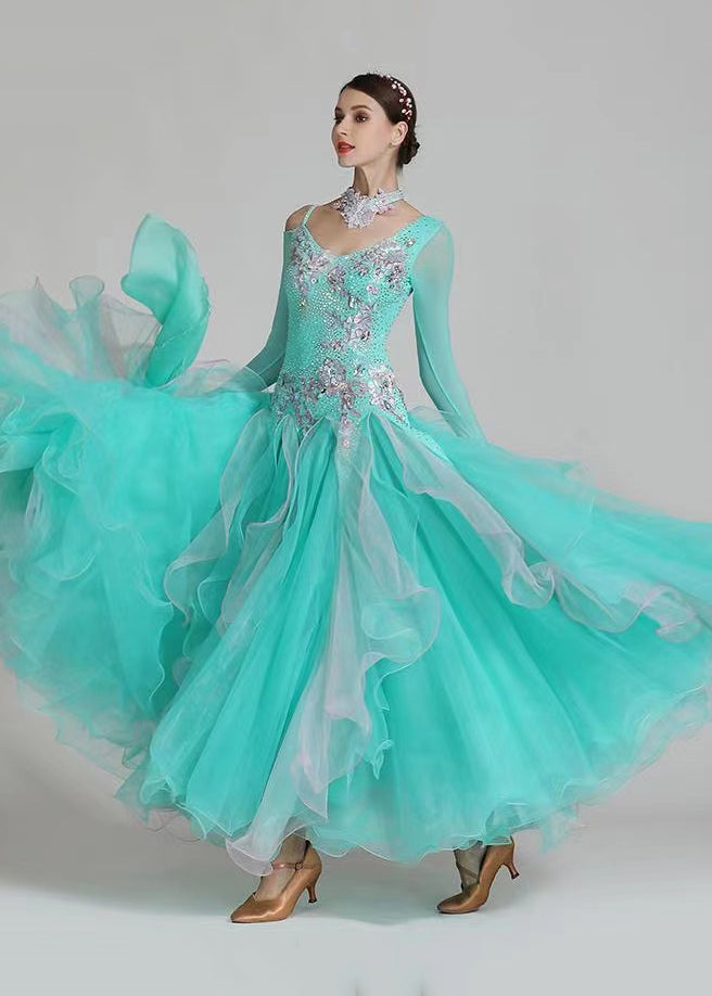 New Slim Aqua Zircon Ruffled Patchwork Dance Dress Long Sleeve