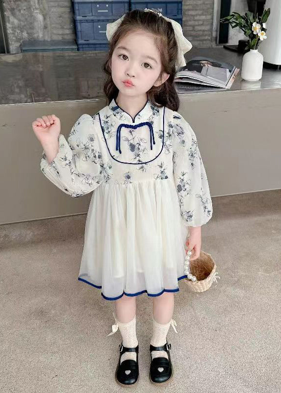 New Stand Collar Print Tulle Patchwork Girls Dresses Fall