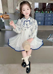 New Stand Collar Print Tulle Patchwork Girls Dresses Fall