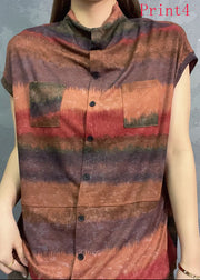 New Standing Collar Print Tie Dyed Short Sleeved Women Tops