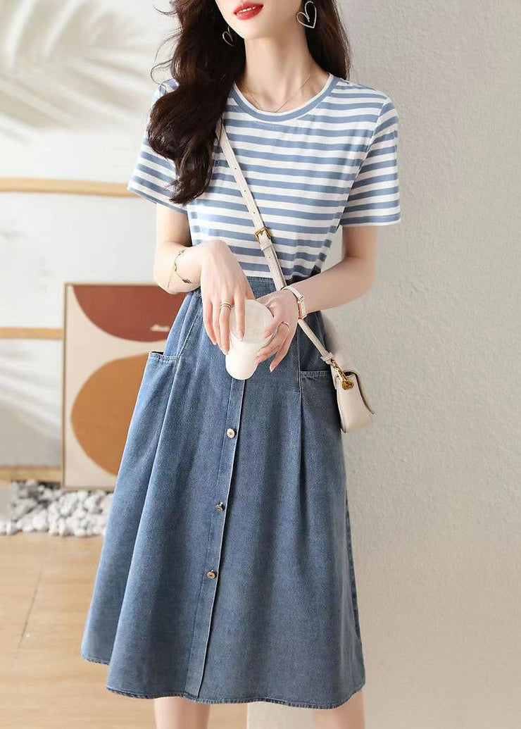 New Striped Drawstring Pockets Patchwork Cotton Dresses Summer