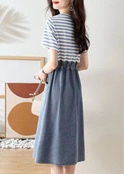 New Striped Drawstring Pockets Patchwork Cotton Dresses Summer