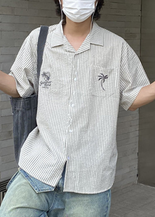 New Striped Embroideried Button Cotton Mens Shirts Short Sleeve