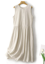 New Striped O Neck Button Cotton Long Dresses Sleeveless