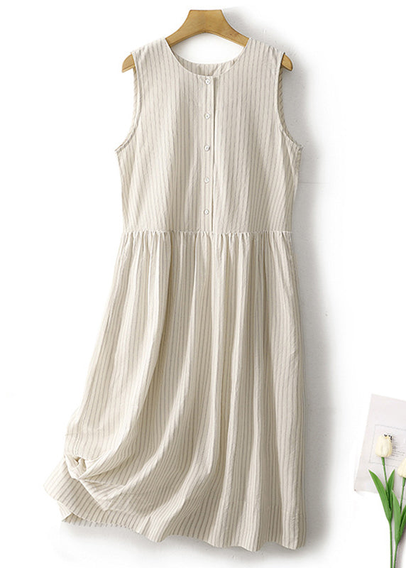 New Striped O Neck Button Cotton Long Dresses Sleeveless