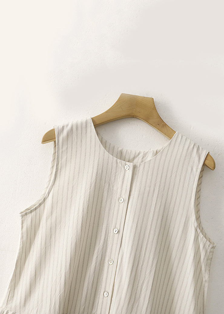 New Striped O Neck Button Cotton Long Dresses Sleeveless