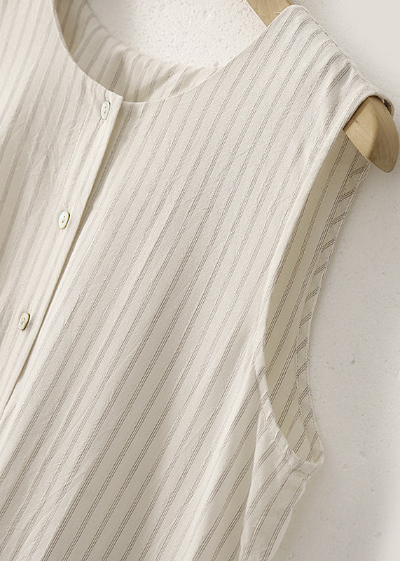 New Striped O Neck Button Cotton Long Dresses Sleeveless