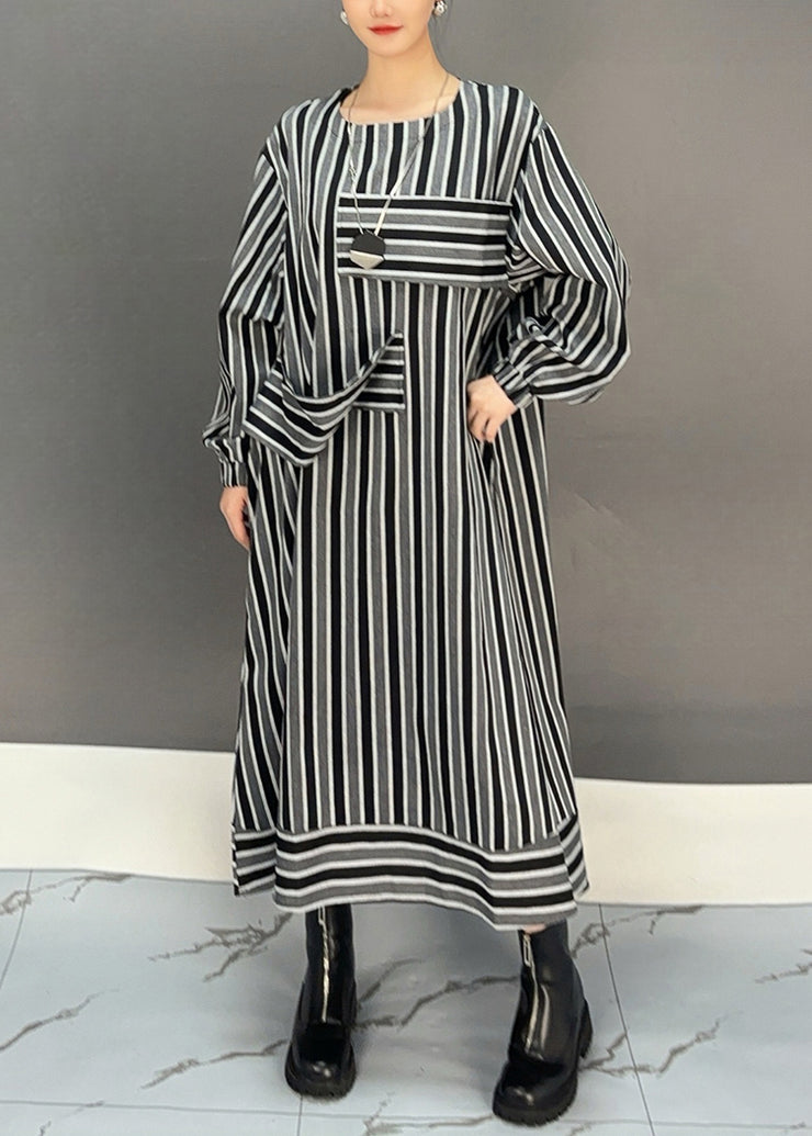 New Striped O Neck Pockets Cotton Long Dress Fall