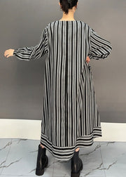 New Striped O Neck Pockets Cotton Long Dress Fall