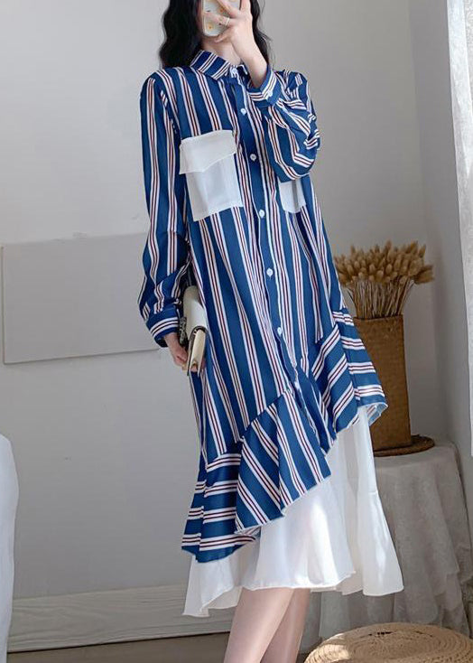 New Striped Peter Pan Collar Button Patchwork Chiffon Long Dress Spring