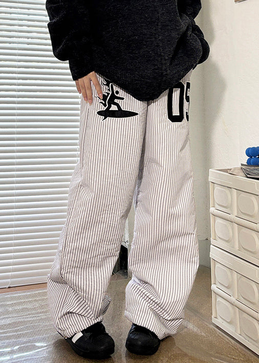 New Striped Pockets Elastic Waist Thickd Men Pants Winter