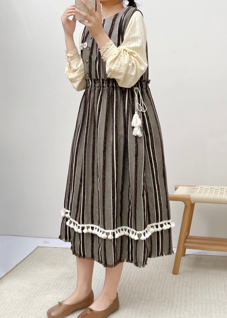 New Striped Ruffled Pockets Lace Up Cotton Dress Sleeveless