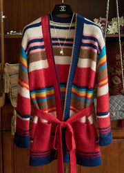 New Striped Tie Waist Pockets Patchwork Knit Cardigan Fall