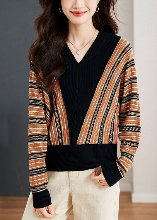 New Striped V Neck Patchwork Knit Top Spring