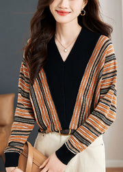 New Striped V Neck Patchwork Knit Top Spring