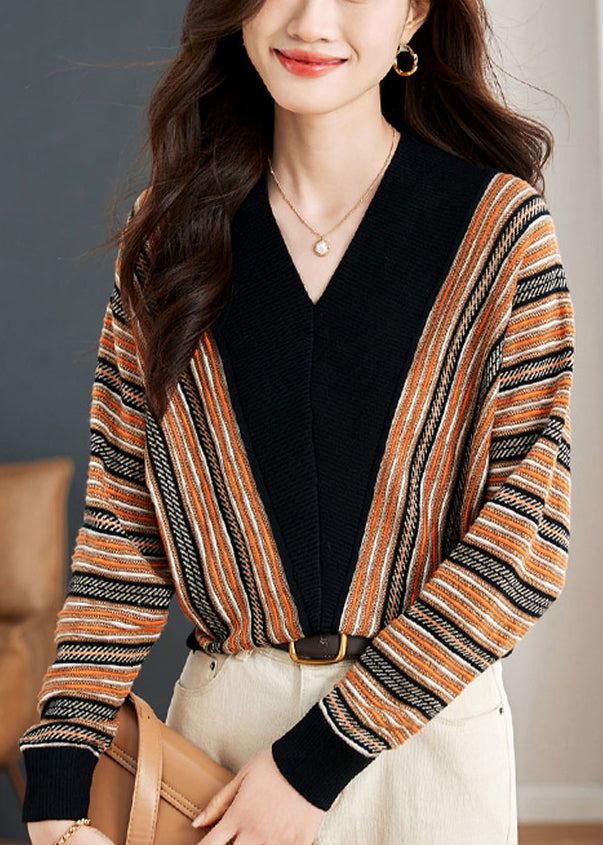 New Striped V Neck Patchwork Knit Top Spring