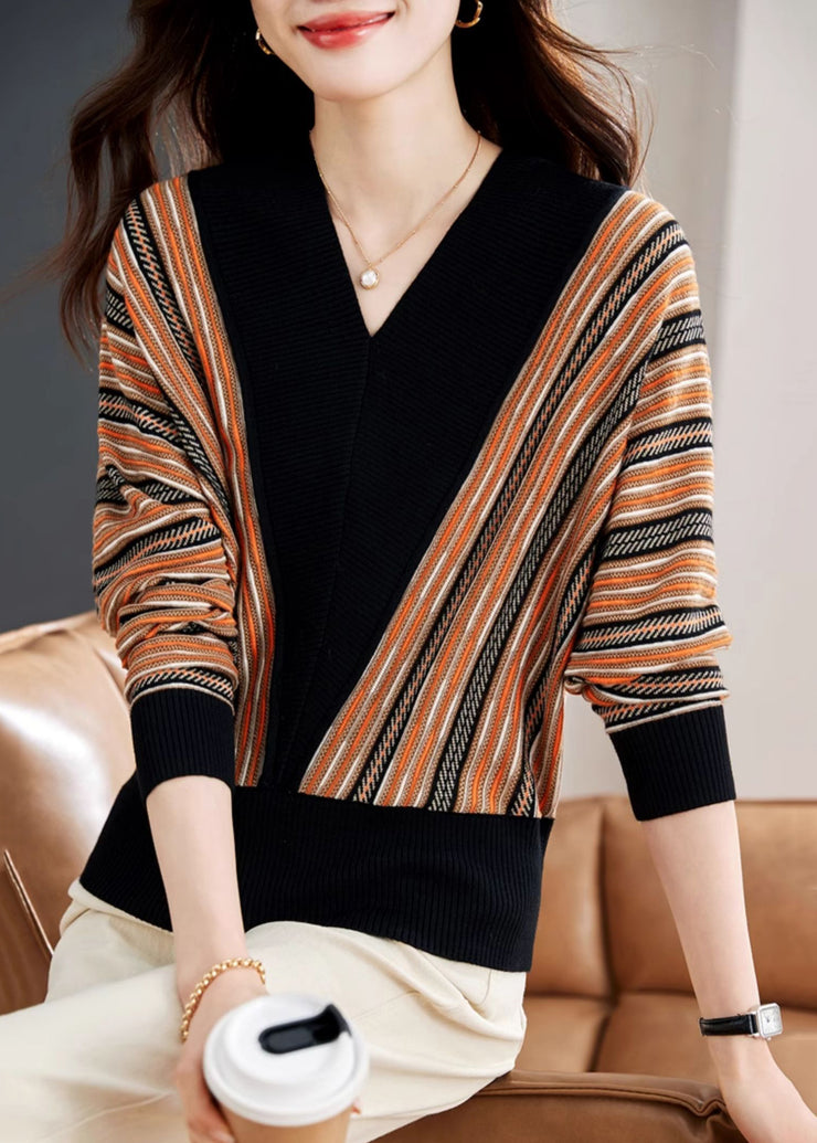 New Striped V Neck Patchwork Knit Top Spring