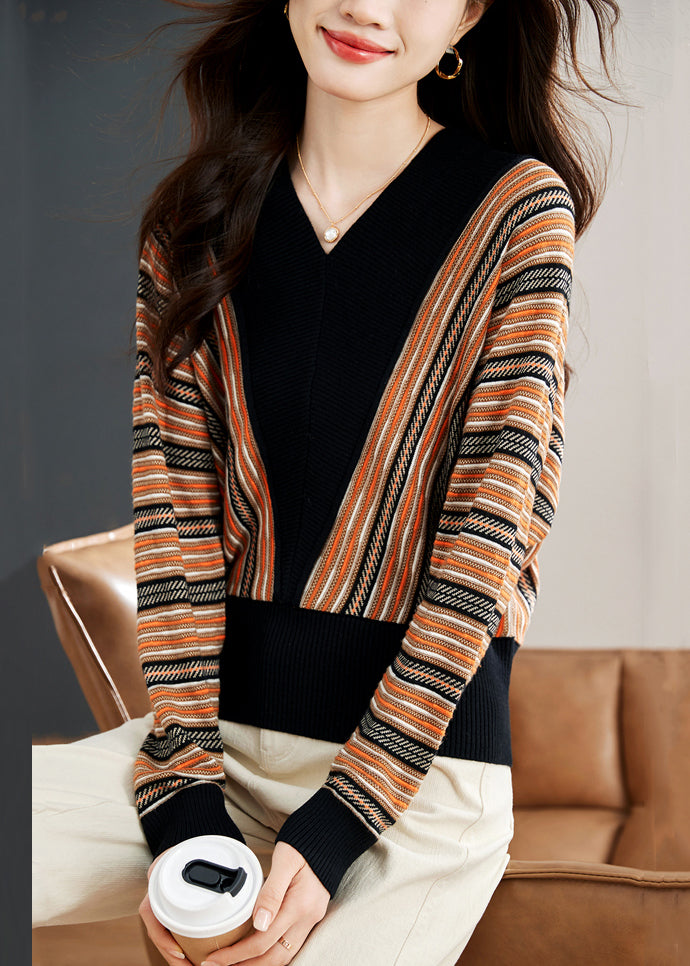 New Striped V Neck Patchwork Knit Top Spring