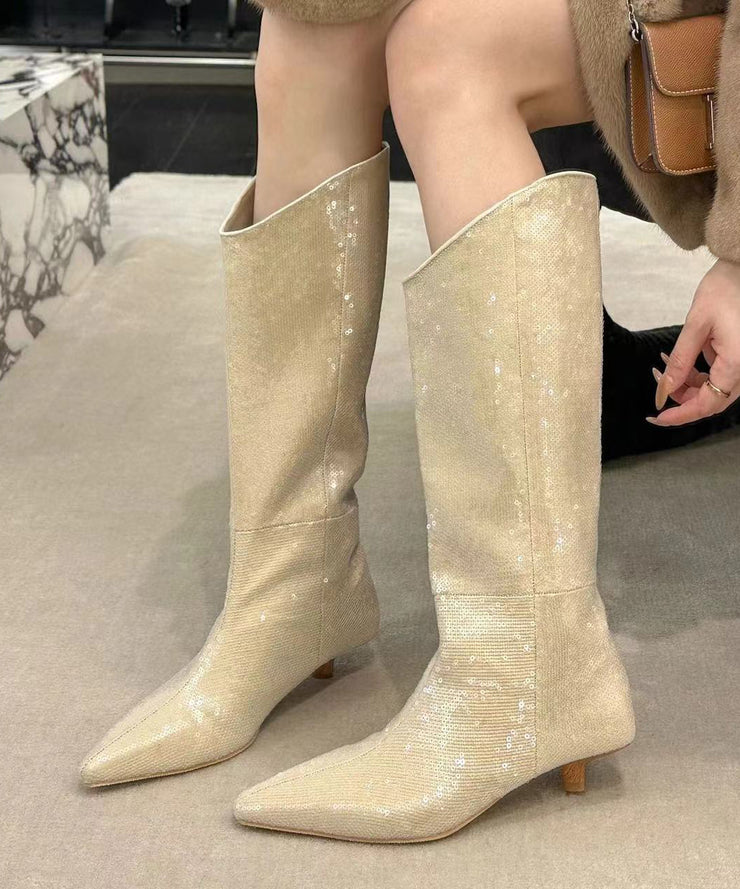 New Stylish Apricot Kitten Heels Sequins Boots