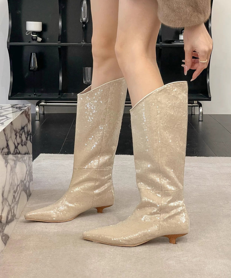 New Stylish Apricot Kitten Heels Sequins Boots