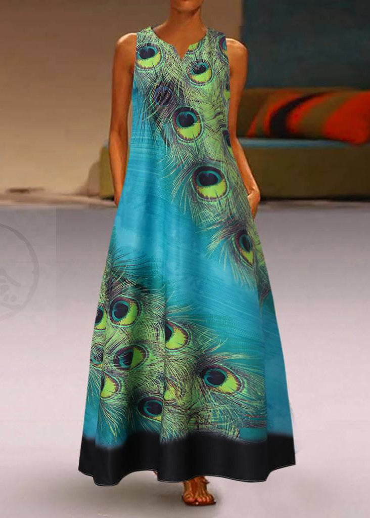 New Summer Green Fashion Feather Dress Sleeveless Long Dress