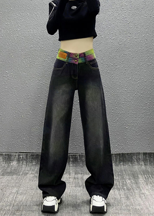 New Versatile Black Patchwork High Waist Warm Fleece Straight Pants Winter