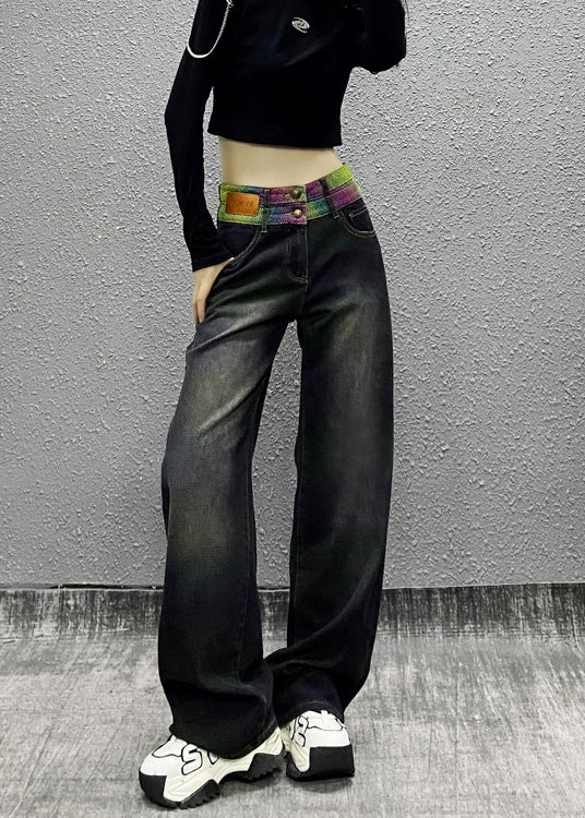 New Versatile Black Patchwork High Waist Warm Fleece Straight Pants Winter