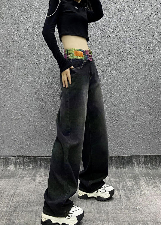 New Versatile Black Patchwork High Waist Warm Fleece Straight Pants Winter