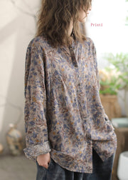 New Versatile Floral Print Peter Pan Collar Cotton Shirt Long Sleeves