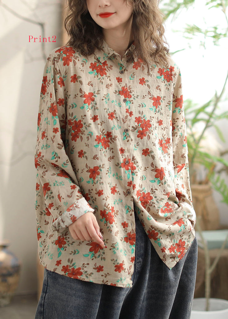 New Versatile Floral Print Peter Pan Collar Cotton Shirt Long Sleeves