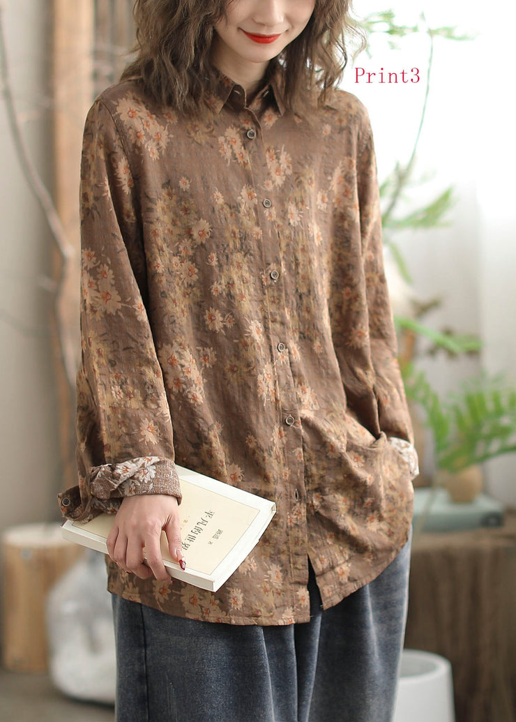 New Versatile Floral Print Peter Pan Collar Cotton Shirt Long Sleeves