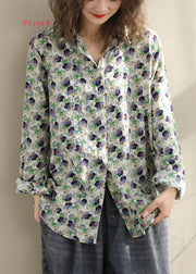 New Versatile Floral Print Peter Pan Collar Cotton Shirt Long Sleeves