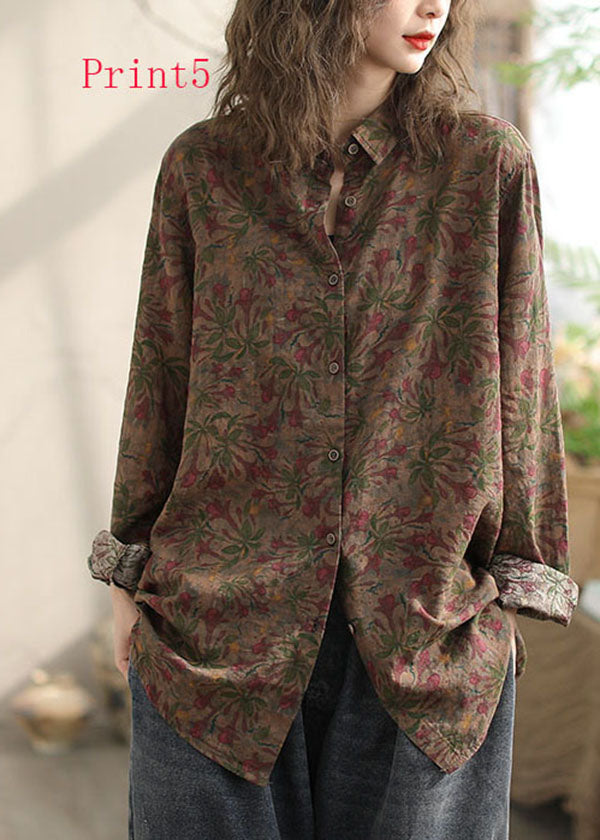 New Versatile Floral Print Peter Pan Collar Cotton Shirt Long Sleeves