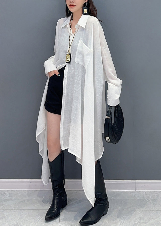 New White Asymmetrical Pockets Cotton Blouse Long Sleeve