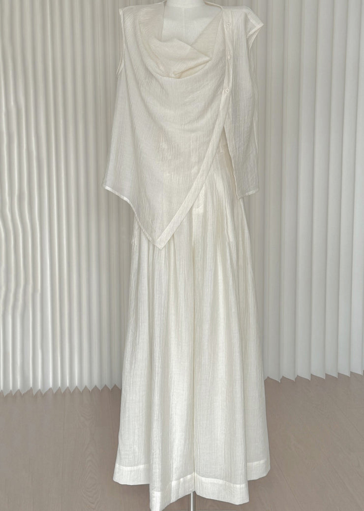 New White Asymmetrical Shirts And Wide Leg Pants Cotton Two Pieces Set Summer