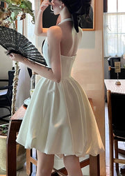 New White Bow Backless Cotton Mid Dress Sleeveless