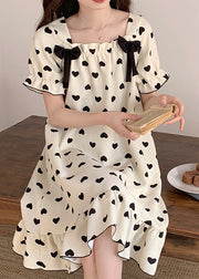 New White Bow Loving Heart Cotton Pajamas Long Dress Summer