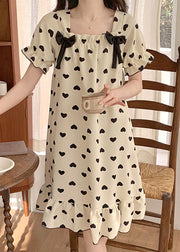 New White Bow Loving Heart Cotton Pajamas Long Dress Summer