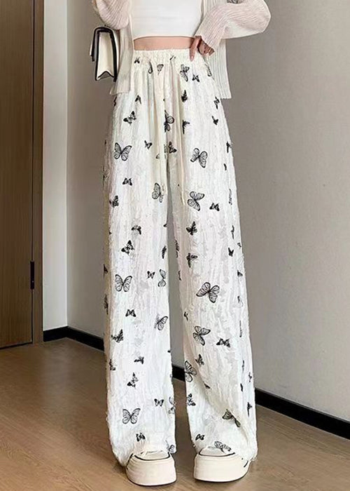 New White Butterfly Hollow Out Elastic Waist Cotton Pants Summer