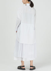 New White Button Patchwork Cotton Blouses Dresses Long Sleeve