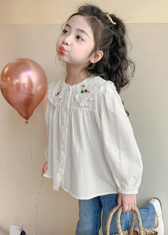 New White Button Solid Cotton Kids Girls Shirts Spring