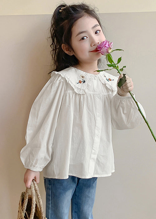 New White Button Solid Cotton Kids Girls Shirts Spring