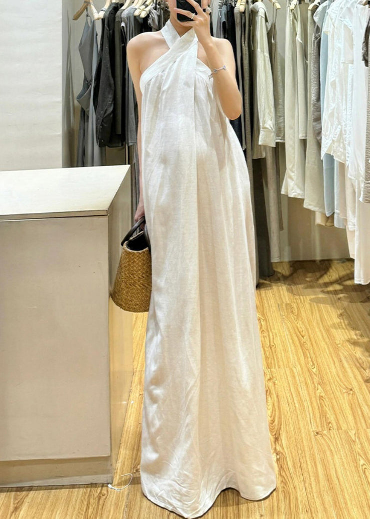 New White Cold Shoulder Solid Cotton Maxi Dresses Sleeveless